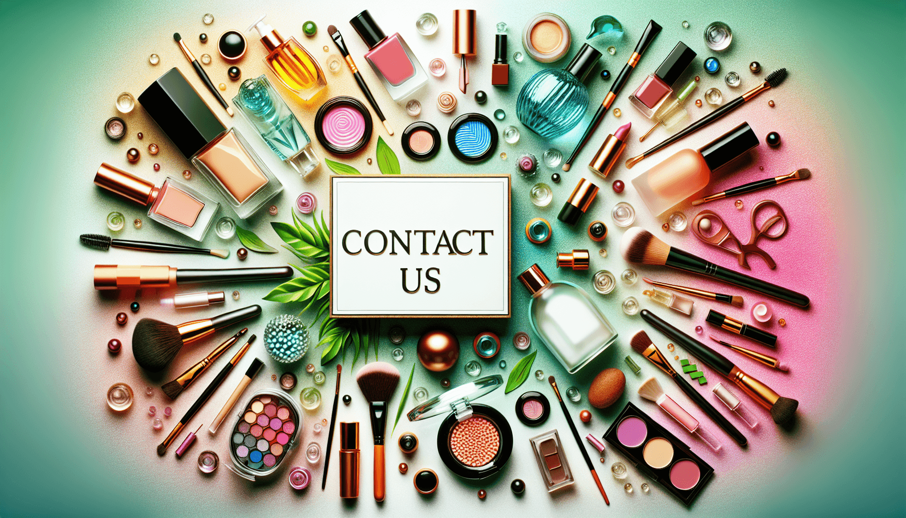 Palavra Contact Us rodeada por produtos de beleza