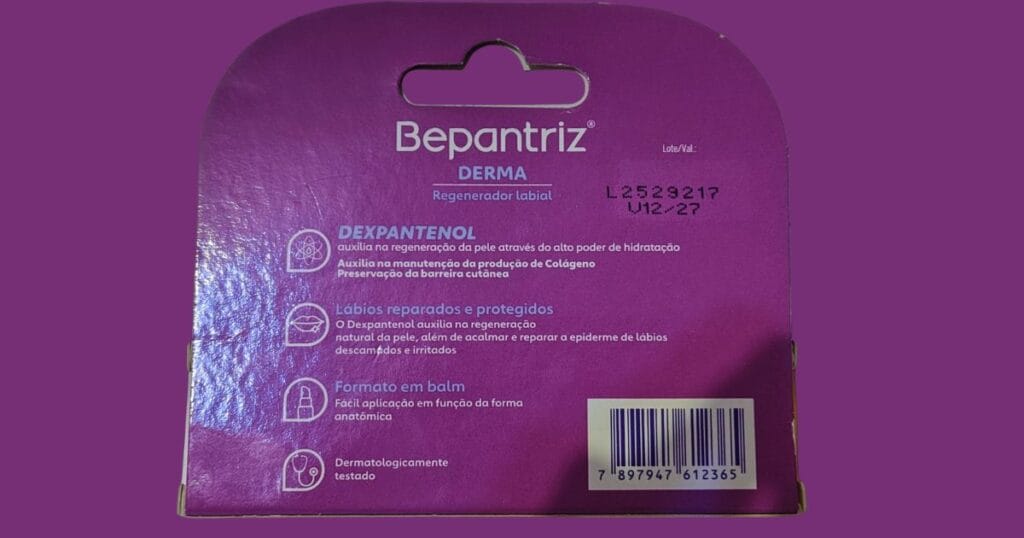 embalagem parte de traz bepantriz derma regenerador labial cimed